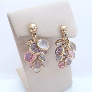 Vintage Crystal Cluster Dangle Earrings Bezel Set Multicolor Pastels Gold Tone